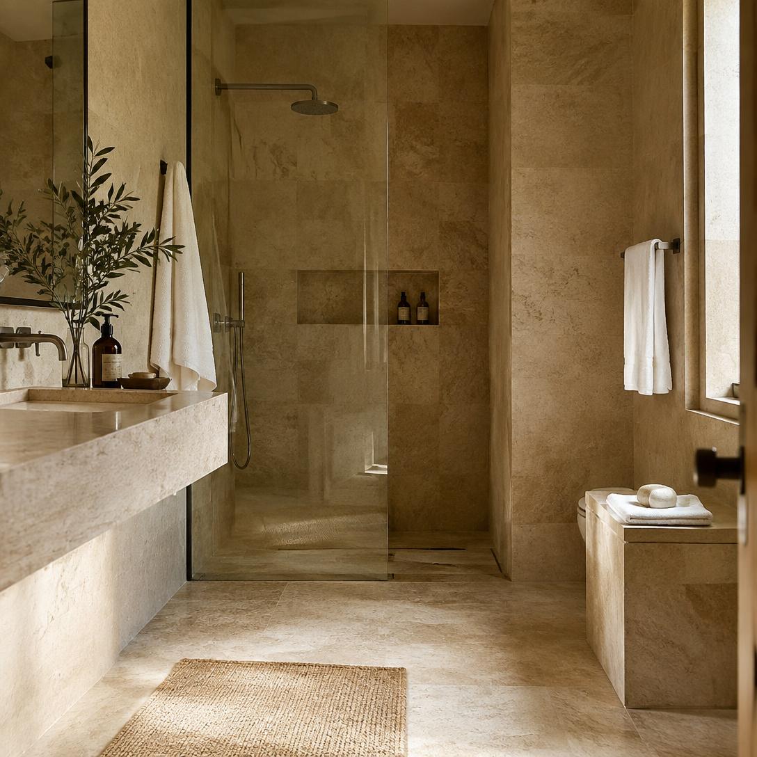 Bagno in travertino con doccia walk-in