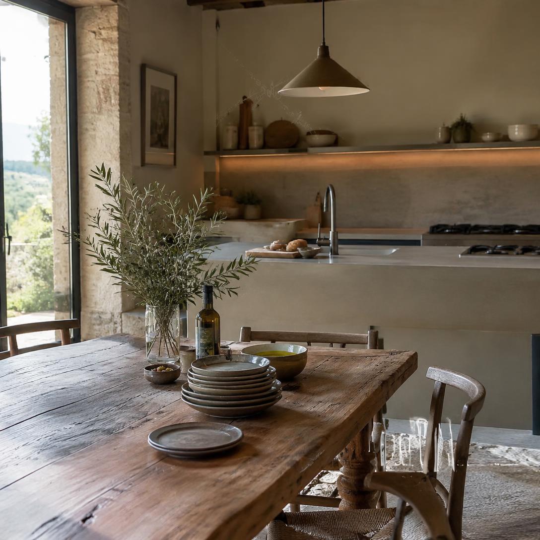 Cucina con tavolo in legno massello