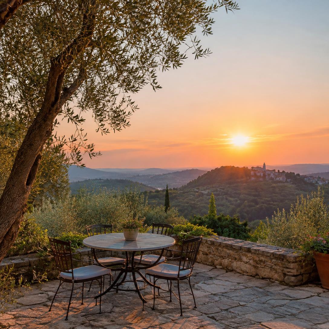 Terrazza tra gli ulivi al tramonto